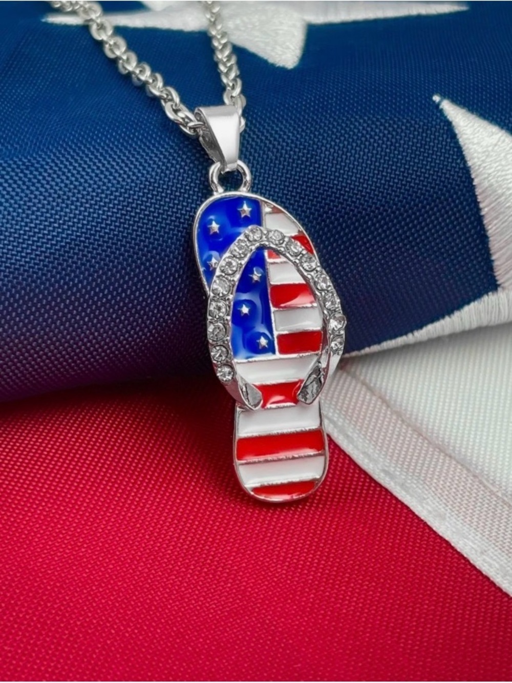 Patriotic Red, White & Blue Flip-Flop Pendant Necklace with Rhinestones